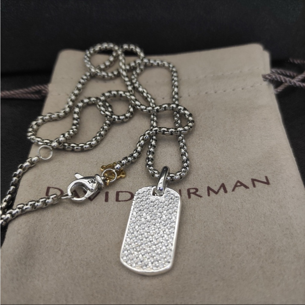 David Yurman Silver Pave Dog Tag Pendant Necklace